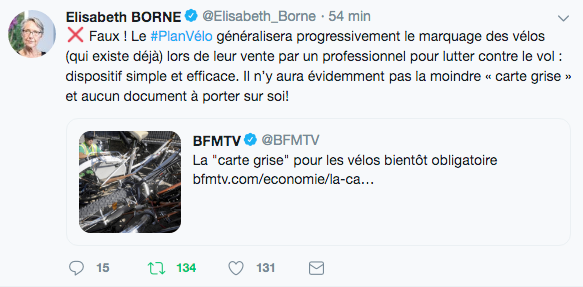 Tweet d'Elisabeth Borne au sujet des mauvaises interprétations du plan vélo